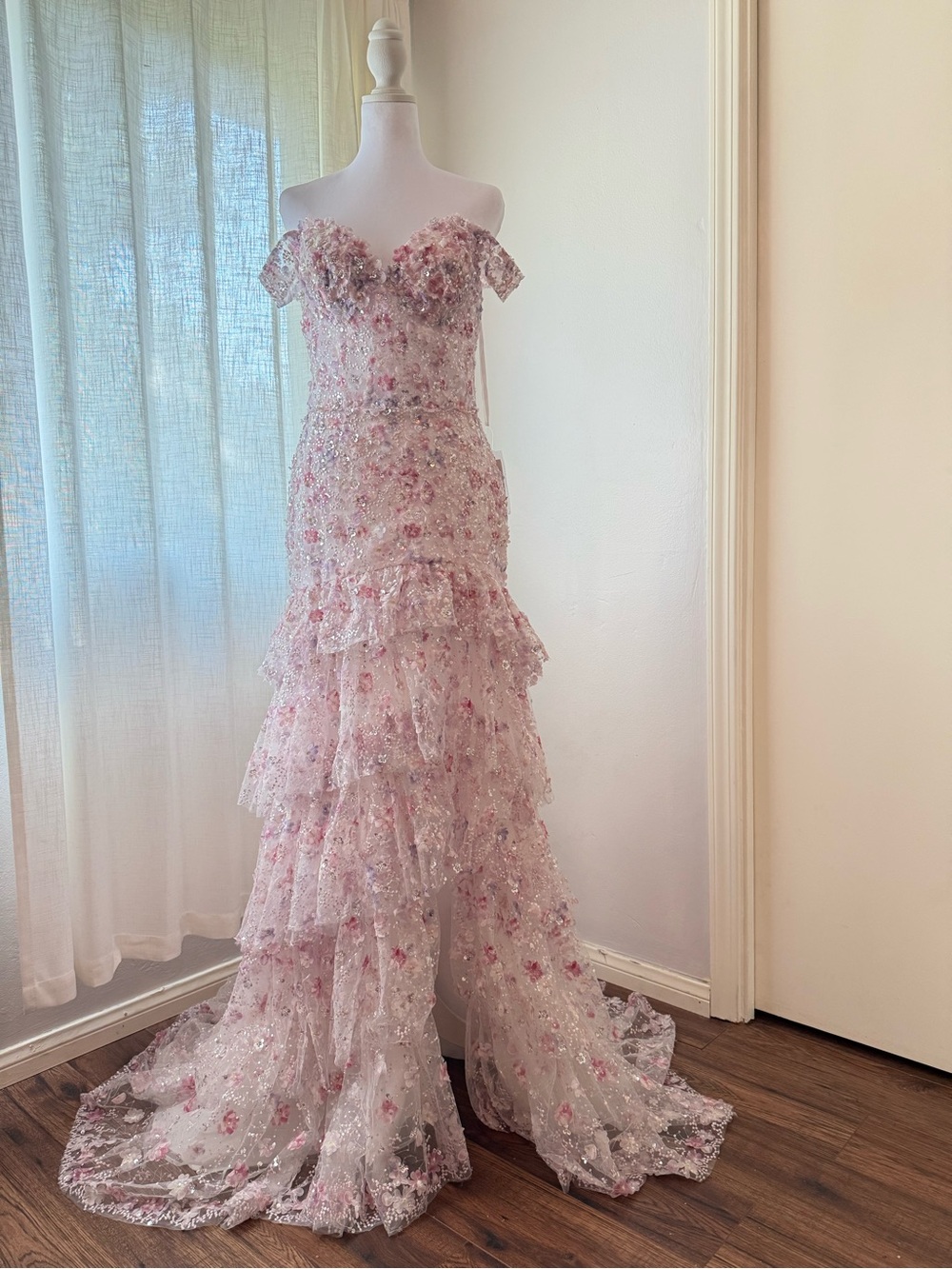 Alyce Paris Pink Floral Sequin Off-Shoulder Tiered Gown Size 8